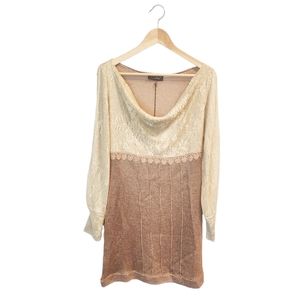 Casting Gold Crochet Ebroidered‎ Lace Dress Cut Out Long Sleeves Made in France